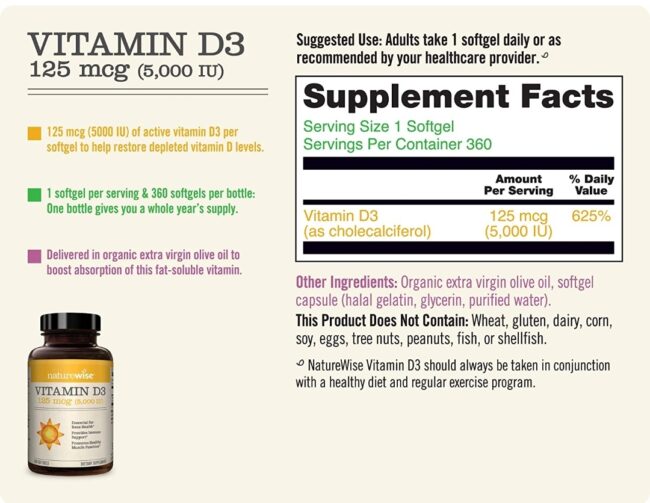 NatureWise Vitamin D3 5000iu 125mcg - 1 Year Supply for Healthy Muscle Function & Immune Support