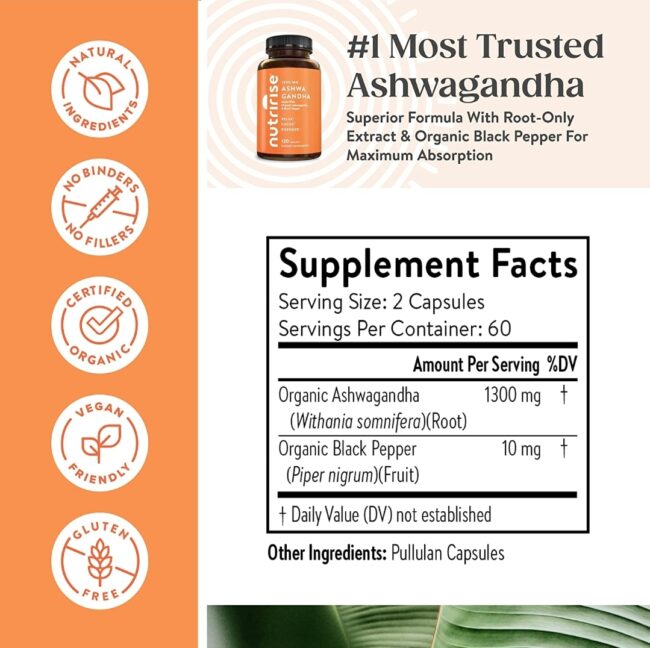 NutriRise Organic Ashwagandha 1,300mg - Promotes Relaxation, Cognitive Support & Enhances Energy