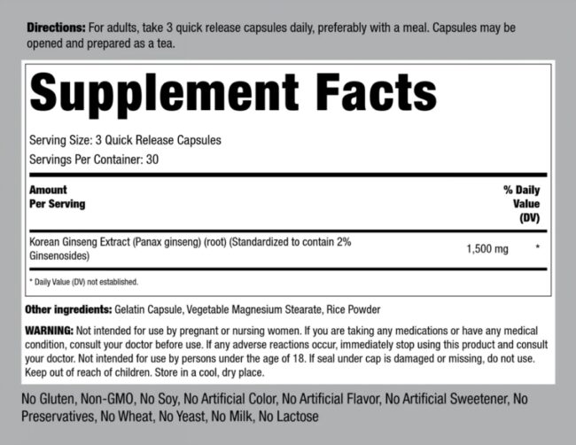 Piping Rock Authentic Korean Panax Ginseng 1500mg Fact