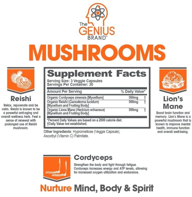 The Genius Brand Genius Mushrooms - Immune System Booster & Nootropic Brain Supplement