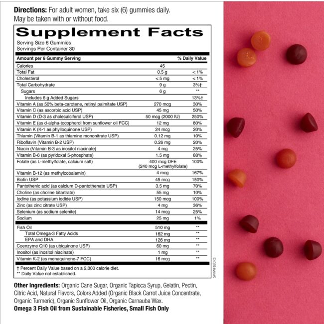 Smarty Pants Women's Formula Vitamin Gummy: Gluten Free, Multivitamin, CoQ10, Folate (Methylfolate), Vitamin K2, Vitamin D3, Biotin, B12, Omega 3 DHA/EPA Fish Oil