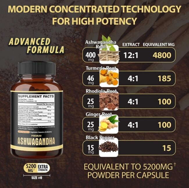 Agobi 5 in 1 Premium Ashwagandha High Extracted Capsule Equivalent to 5200mg Powder. Added Turmeric, Rhodiola Rosea, Ginger, Black Pepper, Strength & Spirit Support