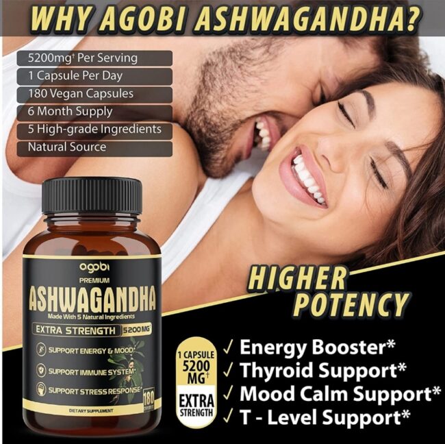 Agobi 5 in 1 Premium Ashwagandha High Extracted Capsule Equivalent to 5200mg Powder. Added Turmeric, Rhodiola Rosea, Ginger, Black Pepper, Strength & Spirit Support