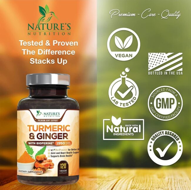 Nature's Nutrition Turmeric & Ginger with Bioperine 1950mg - Natural Joint Inflammatory Support, Black Pepper for Max Absorption, Nature's Turmeric Extract Supplement