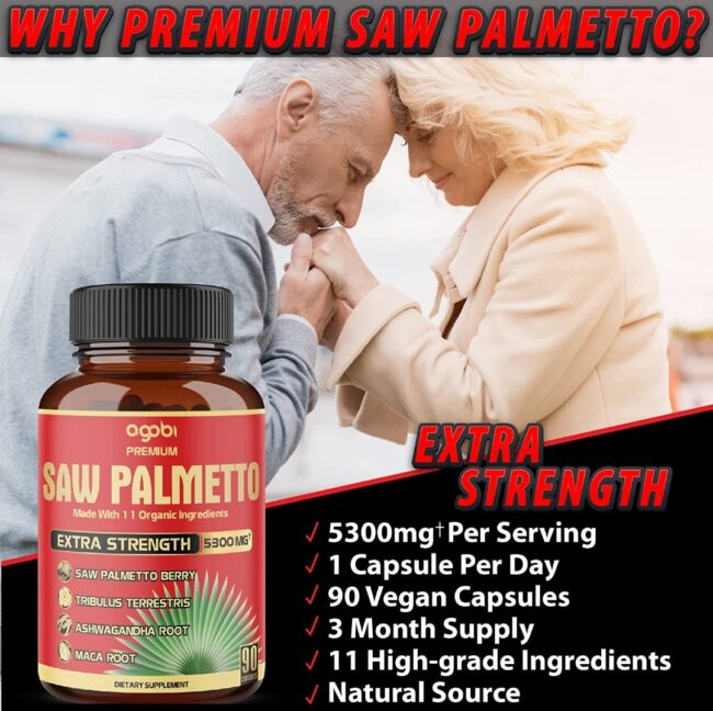 Agobi Saw Palmetto Extra Strength 5300mg - Combined with Ashwagandha, Turmeric, Tribulus, Maca, Green Tea, Ginger, Holy Basil - Natural Prostate Support