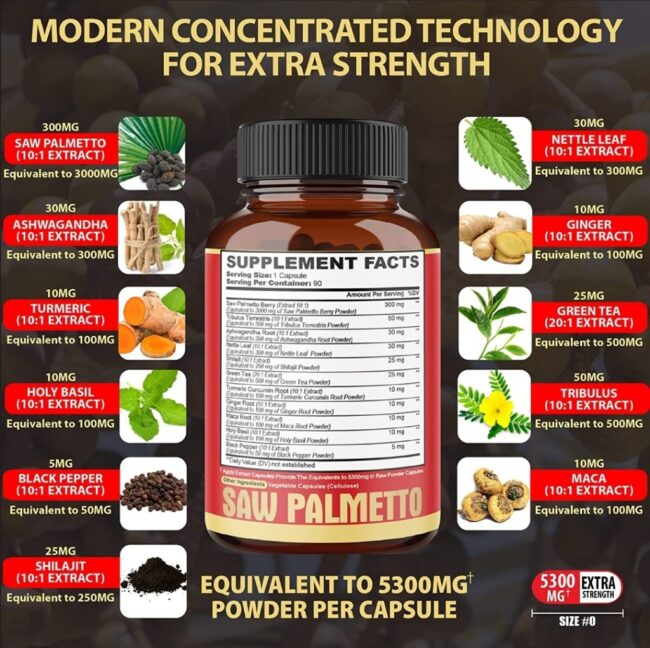 Agobi Saw Palmetto Extra Strength 5300mg - Combined with Ashwagandha, Turmeric, Tribulus, Maca, Green Tea, Ginger, Holy Basil - Natural Prostate Support