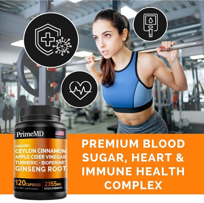 PrimeMD 5-in-1 Organic Ceylon Cinnamon Apple Cider Vinegar, Turmeric, Ginseng Root Capsules, Bioperine Supplement - Immunity, Metabolism, Joint Health & Cognition