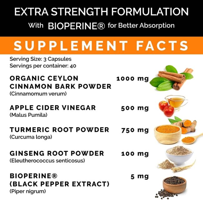 PrimeMD 5-in-1 Organic Ceylon Cinnamon Apple Cider Vinegar, Turmeric, Ginseng Root Capsules, Bioperine Supplement - Immunity, Metabolism, Joint Health & Cognition