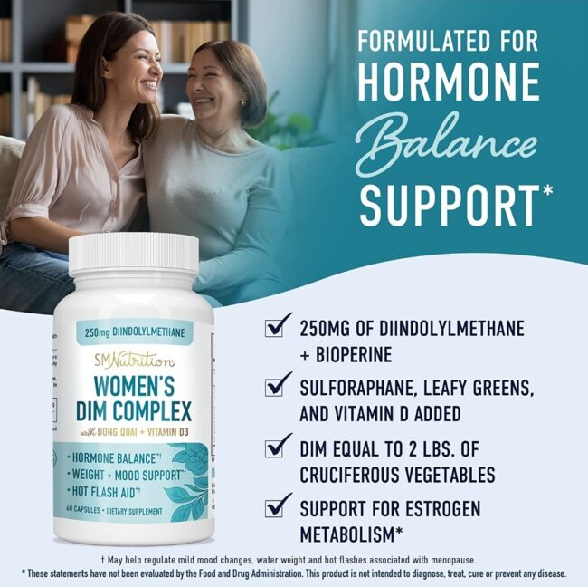 SM Nutrition Women's DIM Complex with Dong Quai + Vitamin D3 - Estrogen Balance for Women + Hormone Menopause Relief + Hormonal Acne Treatment
