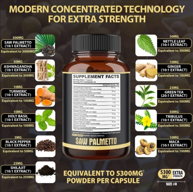 Agobi Saw Palmetto Extra Strength 5300mg - Prostate Support - Urinary Health, Performance & Hair Support