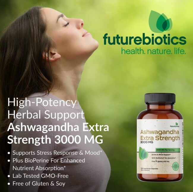 Futurebiotics Ashwagandha Extra Strength 3000mg - Stress Relief Formula, Natural Mood Support, Stress, Focus and Energy Support Supplement