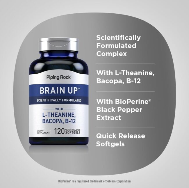 PipingRock Brain Up with L Theanine, Bacopa & Vitamin B12