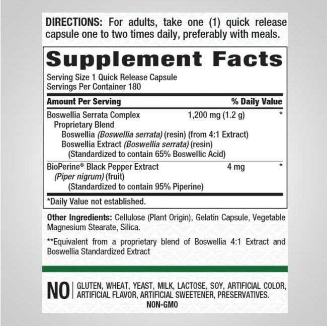 Piping Rock Standardized Boswellia Complex 1200mg - Joint Support (Osteoarthritis, Rheumatoid Arthritis), Asthma & Inflammatory Bowel Disease (IBD)