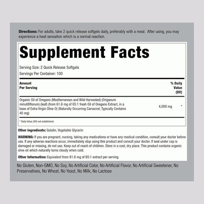 PipingRock Oil of Wild Oregano 4,000mg Per Serving Fact