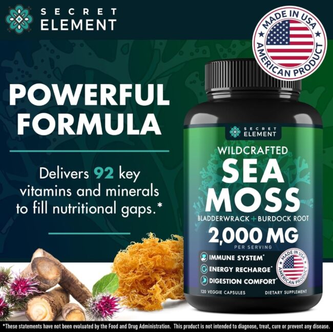 Secret Element Wild Crafted Sea Moss Bladderwrack + Burdock Root 2,000mg 1
