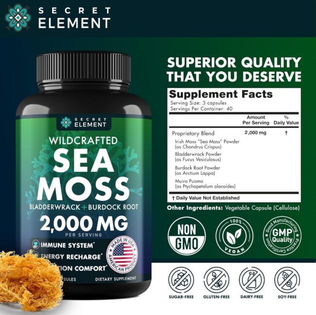 Secret Element Wild Crafted Sea Moss Bladderwrack + Burdock Root 2,000mg Fact